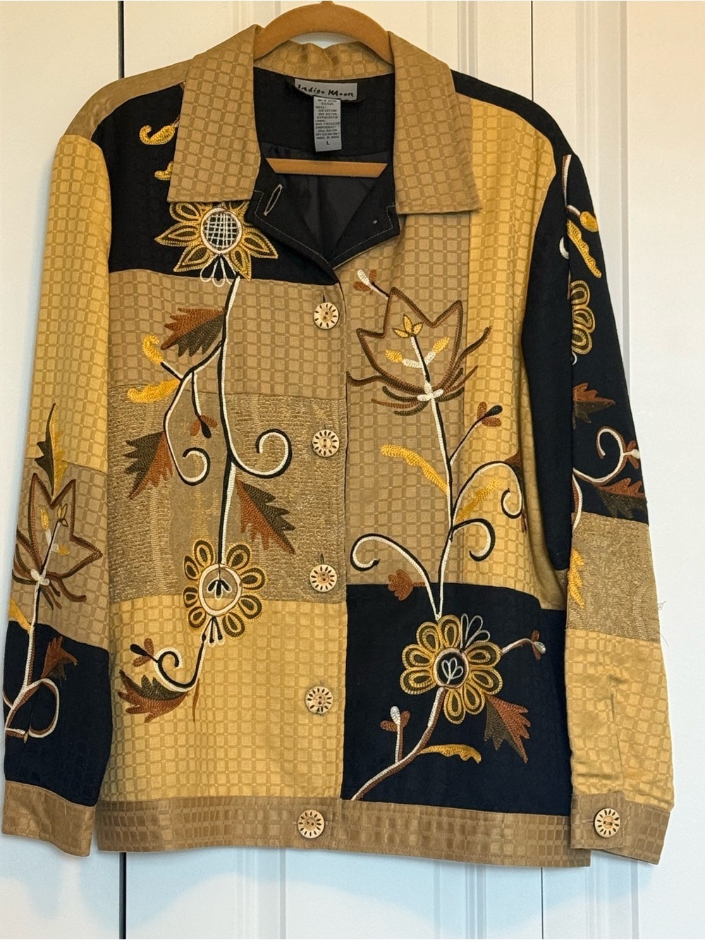 Vintage Indigo Moon Embellished Patchwork Floral Jacket - Mustard Black